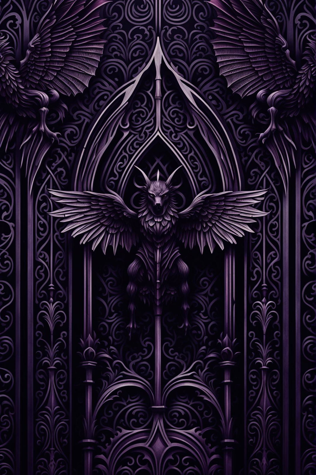 Beautiful gothic-themed wallpaper with dark, ornate patterns, classic gothic elements, and a rich color palette of blacks, purples, and reds, creating a sophisticated and mysterious atmosphere