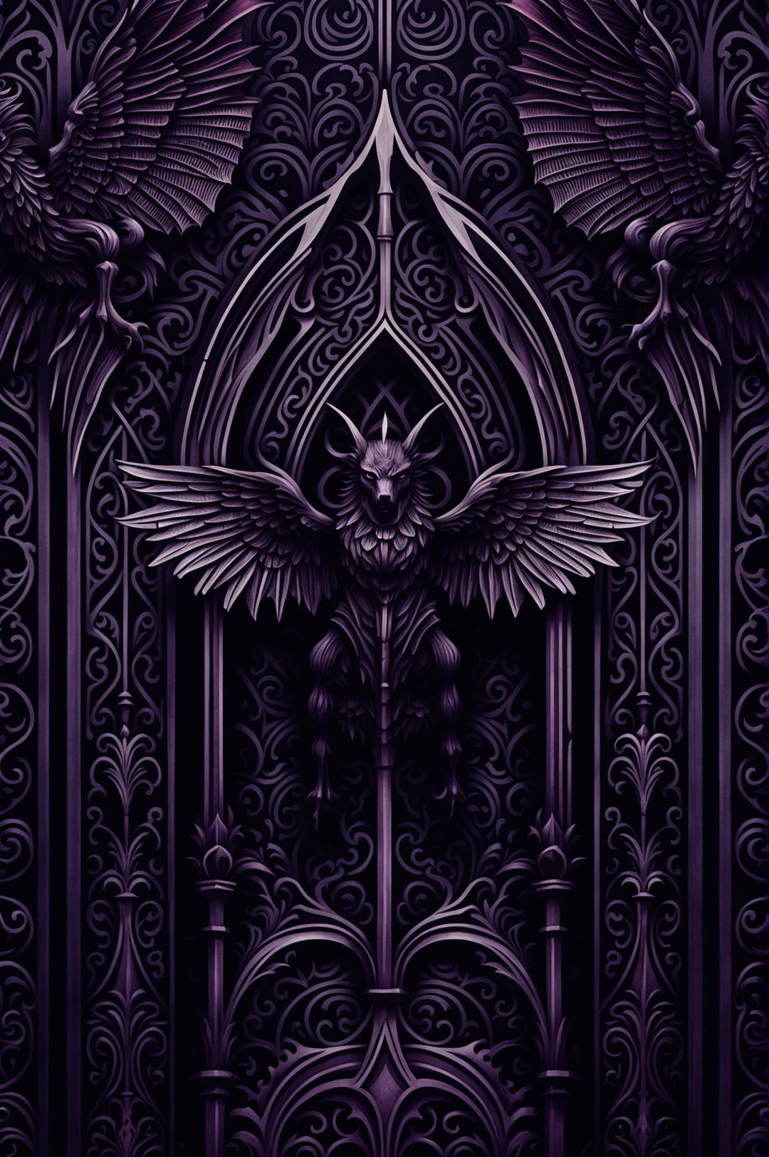 Beautiful gothic-themed wallpaper with dark, ornate patterns, classic gothic elements, and a rich color palette of blacks, purples, and reds, creating a sophisticated and mysterious atmosphere