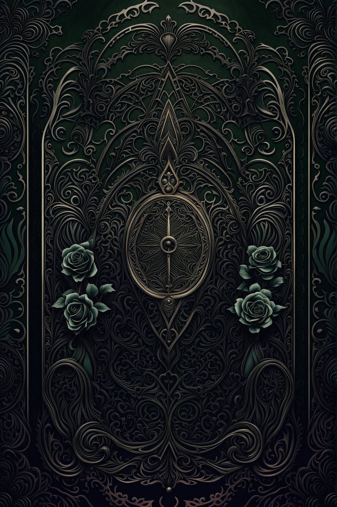 A beautiful gothic-themed wallpaper featuring Victorian patterns, baroque filigree, and mystical symbols in emerald greens, blacks, and golds, creating an elegant and otherworldly atmosphere