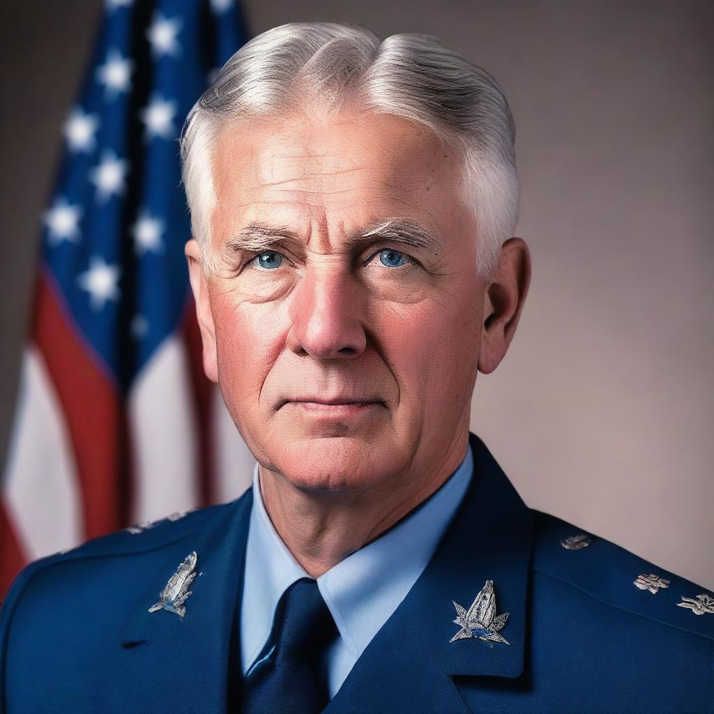 A portrait of a clean-shaven, blue-eyed senior Air Force General with gray hair