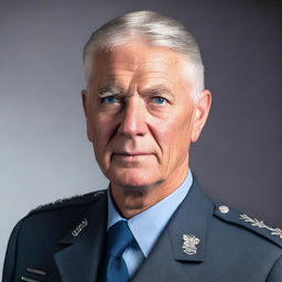 A portrait of a clean-shaven, blue-eyed senior Air Force General with gray hair