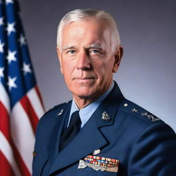 A portrait of a clean-shaven, blue-eyed senior Air Force General with gray hair