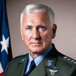 A portrait of a clean-shaven, blue-eyed senior Air Force General with gray hair