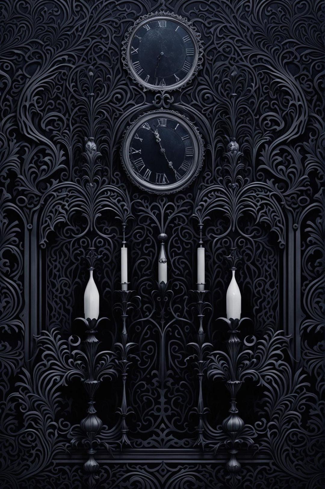 A beautiful gothic-themed wallpaper featuring twisted vines, gothic arches, and lace patterns in midnight blues, blacks, and silver, creating a moody and elegant atmosphere