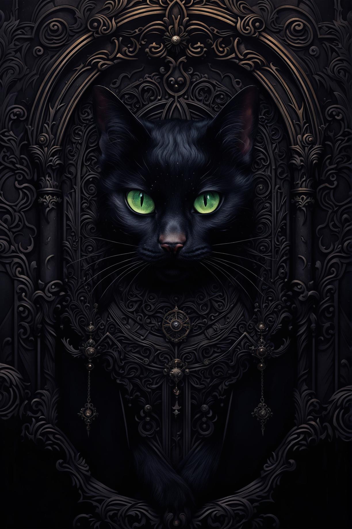 A beautiful gothic-themed wallpaper featuring gothic cathedrals, ancient runes, chandeliers, and a black cat in burgundies, grays, and bronze, creating a luxurious and enigmatic atmosphere