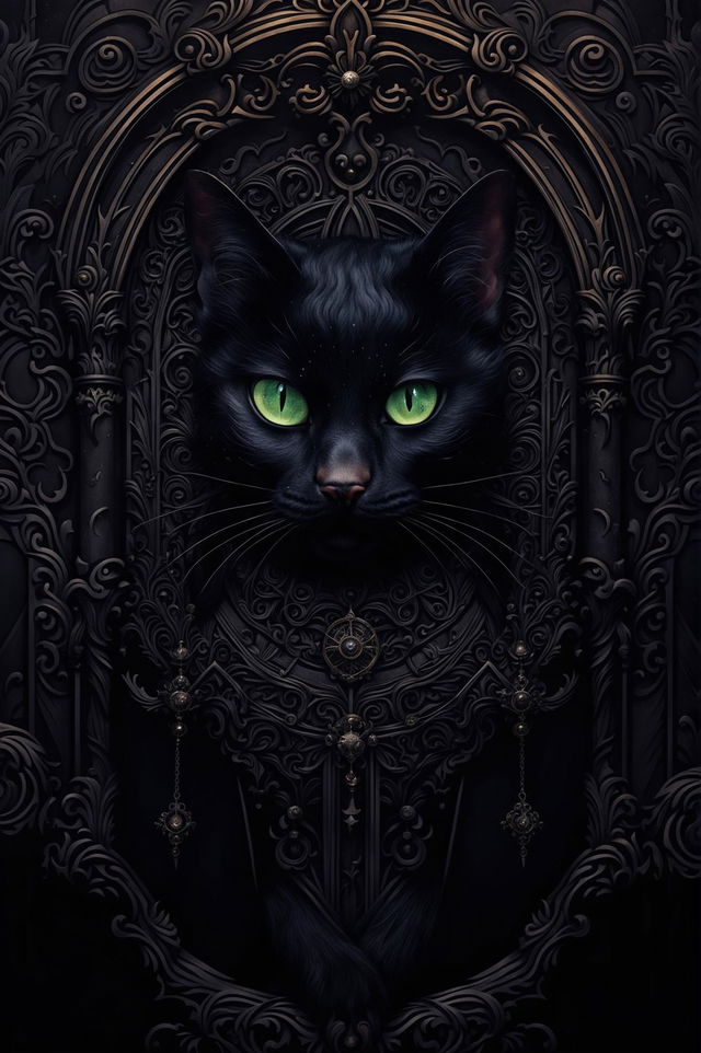 A beautiful gothic-themed wallpaper featuring gothic cathedrals, ancient runes, chandeliers, and a black cat in burgundies, grays, and bronze, creating a luxurious and enigmatic atmosphere