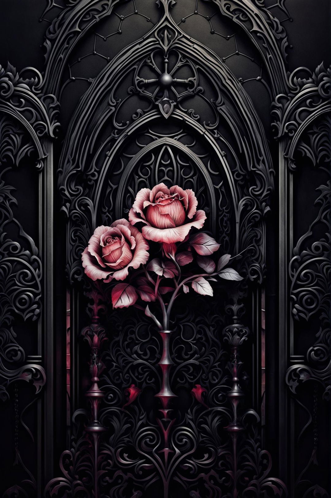 A beautiful gothic-themed wallpaper with gothic architecture, roses, and a color palette of blacks, crimson reds, and silver, creating a dramatic and sophisticated atmosphere