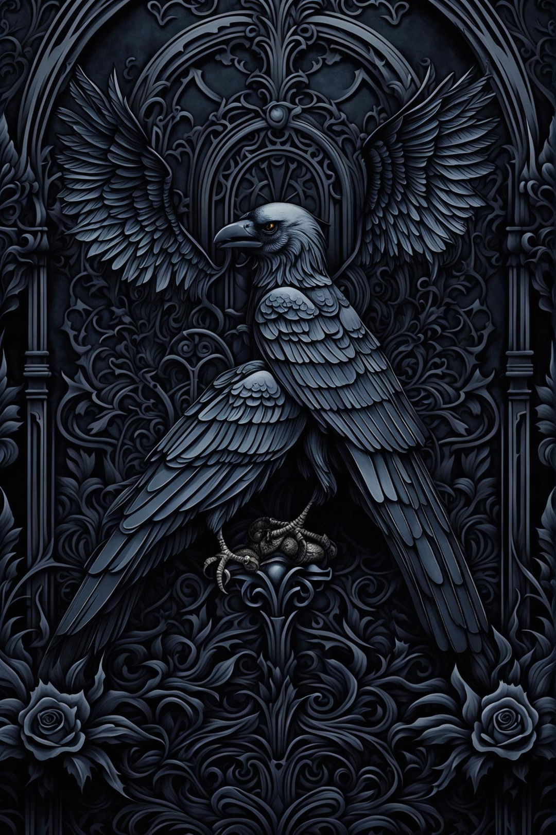 A beautiful gothic-themed wallpaper featuring ravens, gothic architecture, and a color palette of blacks, midnight blues, and silver, creating a hauntingly elegant atmosphere