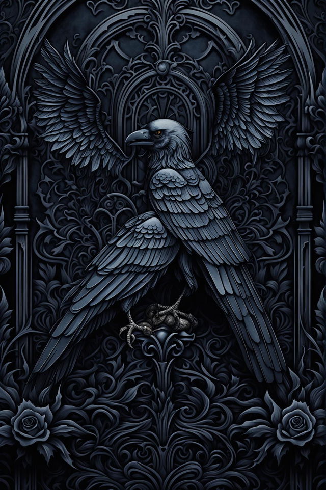 A beautiful gothic-themed wallpaper featuring ravens, gothic architecture, and a color palette of blacks, midnight blues, and silver, creating a hauntingly elegant atmosphere