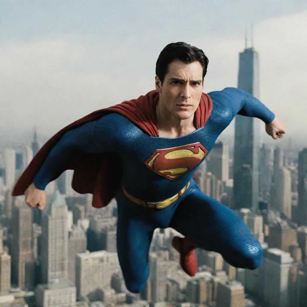Superman in a dynamic flying pose with cityscape in the background, recalling the Superman Returns movie
