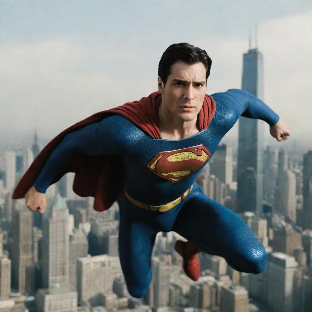 Superman in a dynamic flying pose with cityscape in the background, recalling the Superman Returns movie