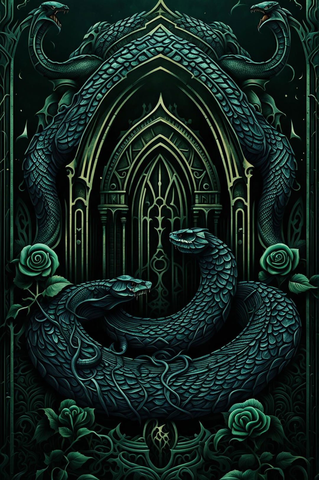 A beautiful gothic-themed wallpaper featuring snakes, gothic architecture, and a color palette of blacks, emerald greens, and gold, creating a luxurious and mysterious atmosphere