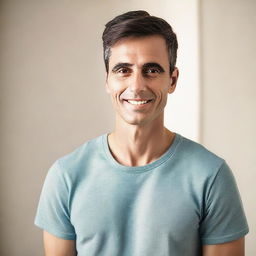 A clean-shaven man with a friendly expression, wearing casual clothes, standing in a well-lit room