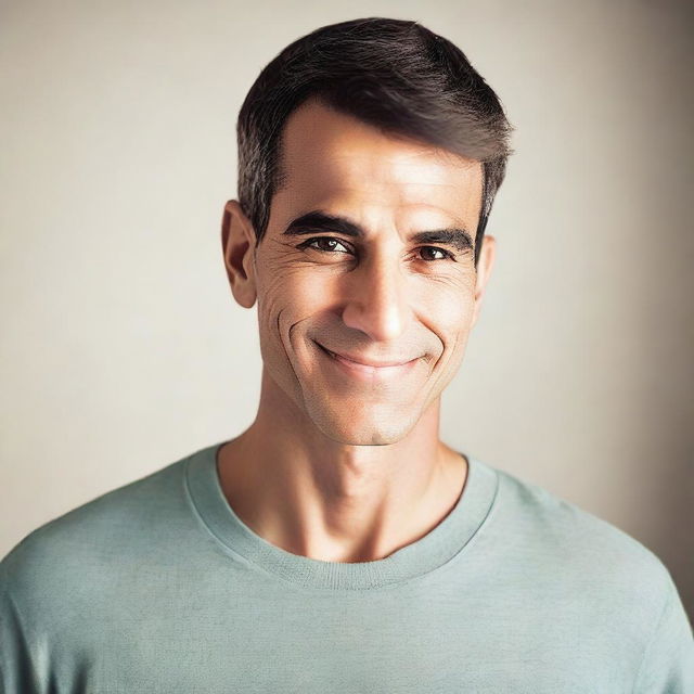 A clean-shaven man with a friendly expression, wearing casual clothes, standing in a well-lit room