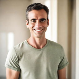 A clean-shaven man with a friendly expression, wearing casual clothes, standing in a well-lit room