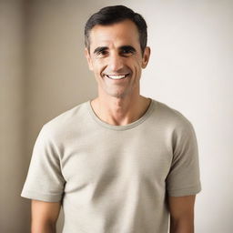 A clean-shaven man with a friendly expression, wearing casual clothes, standing in a well-lit room