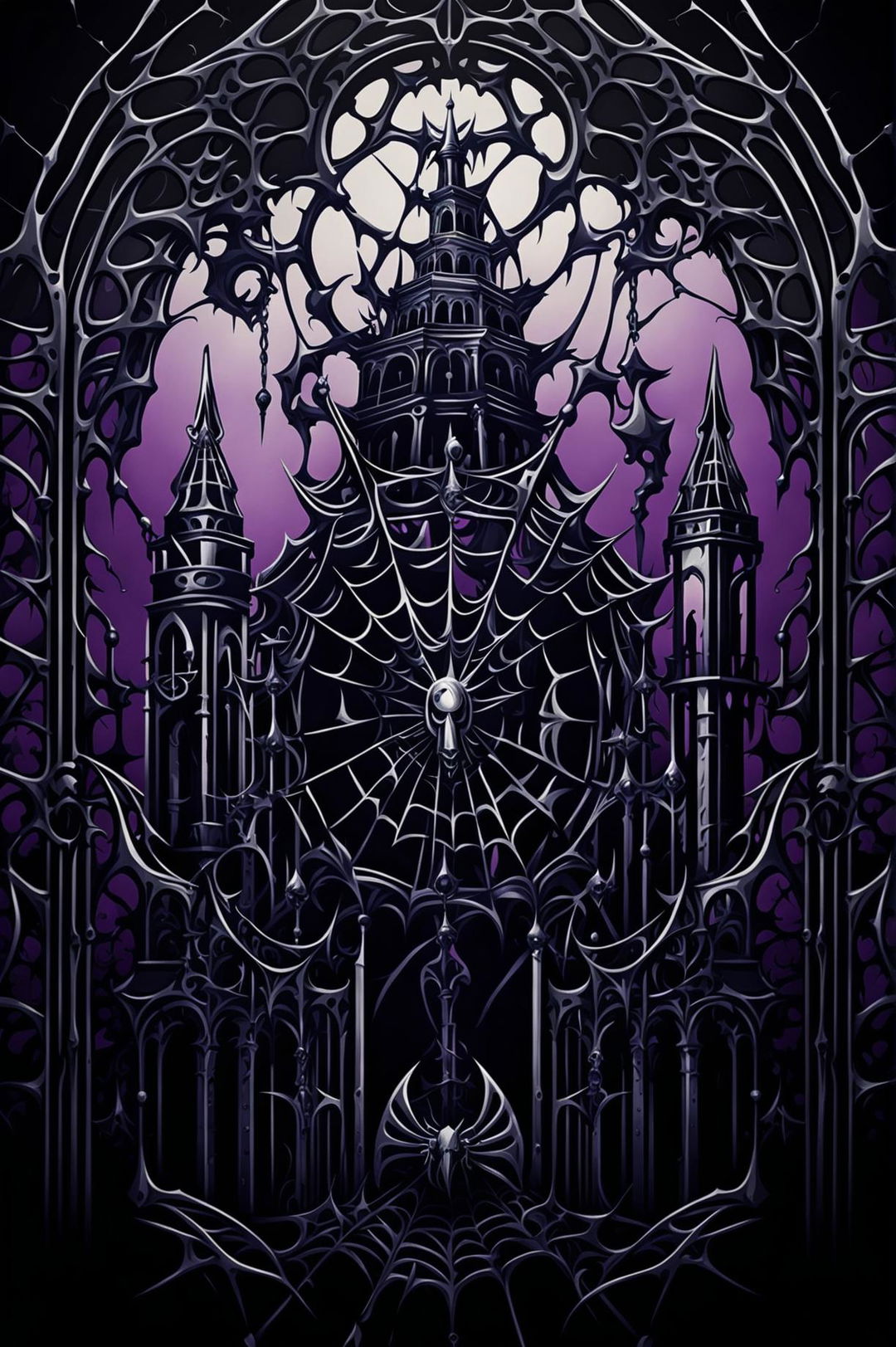 A beautiful gothic-themed wallpaper featuring gothic architecture, spiders, and a color palette of deep purples, blacks, and silver, creating a dramatic and sophisticated atmosphere