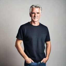 A clean-shaven gray-haired man dressed in a black tee shirt and blue jeans