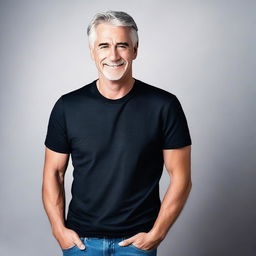 A clean-shaven gray-haired man dressed in a black tee shirt and blue jeans