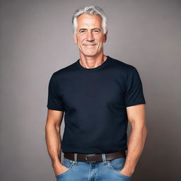 A clean-shaven gray-haired man dressed in a black tee shirt and blue jeans