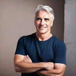 A clean-shaven gray-haired man dressed in a black tee shirt and blue jeans