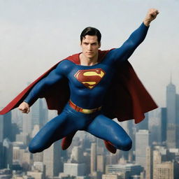 Superman in a dynamic flying pose with cityscape in the background, recalling the Superman Returns movie