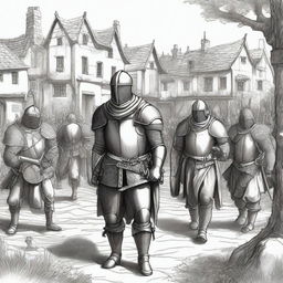 A detailed illustration of a medieval militia, featuring soldiers in traditional armor, carrying swords and shields