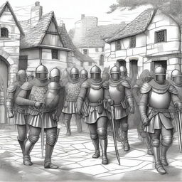 A detailed illustration of a medieval militia, featuring soldiers in traditional armor, carrying swords and shields