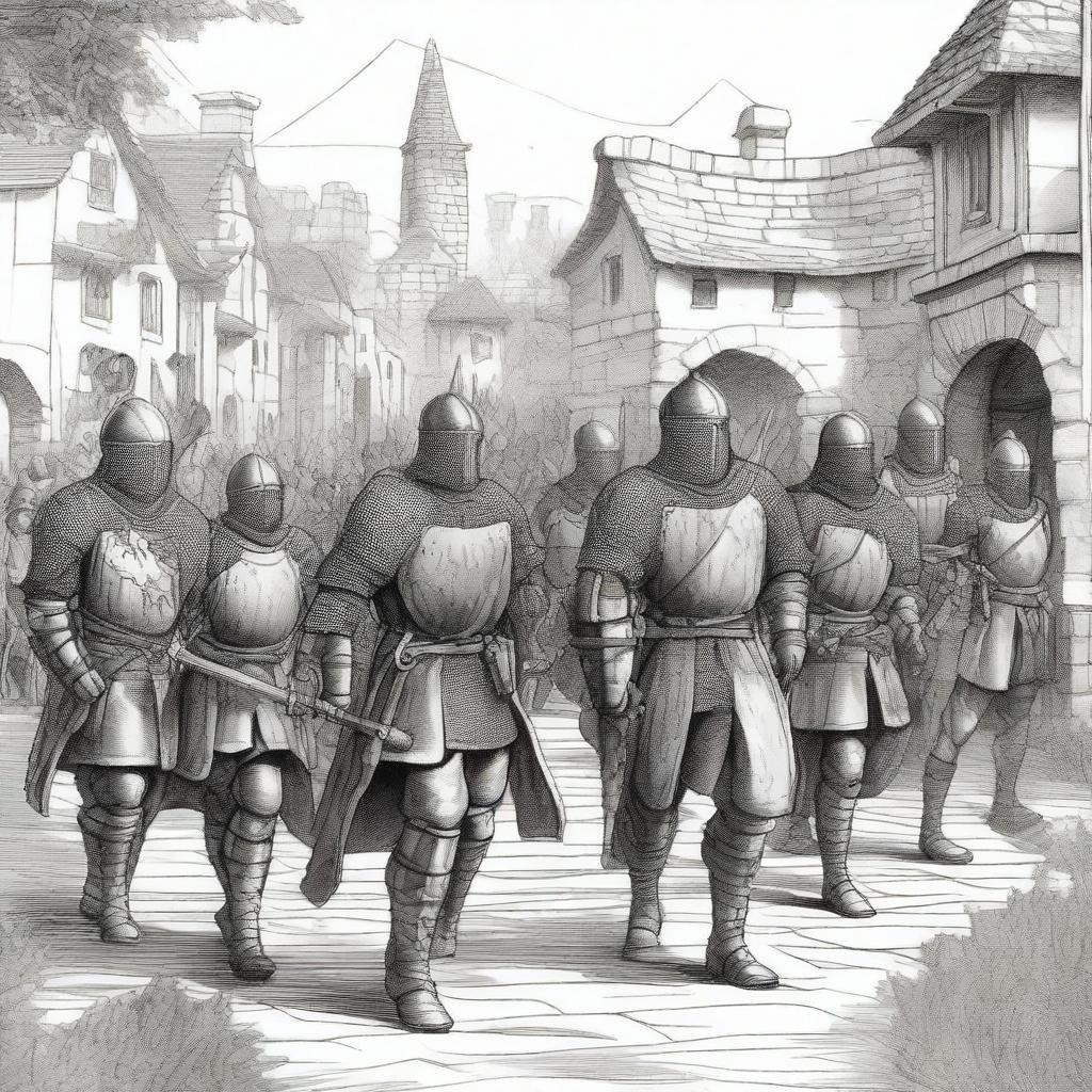 A detailed illustration of a medieval militia, featuring soldiers in traditional armor, carrying swords and shields