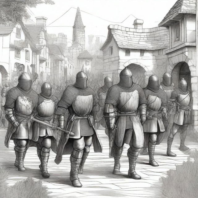 A detailed illustration of a medieval militia, featuring soldiers in traditional armor, carrying swords and shields