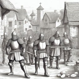 A detailed illustration of a medieval militia, featuring soldiers in traditional armor, carrying swords and shields