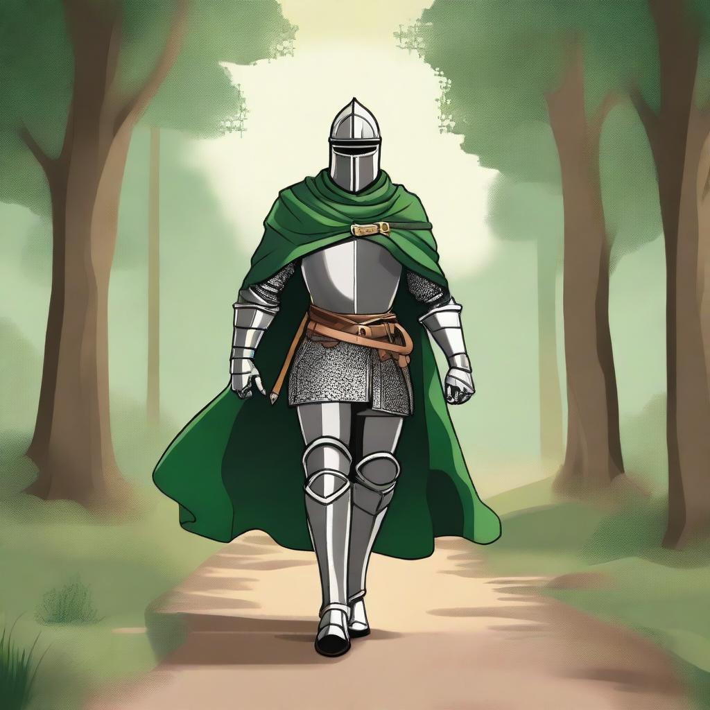 An illustration of a traveling knight wearing a green cape