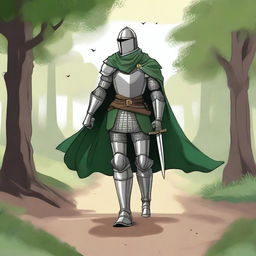 An illustration of a traveling knight wearing a green cape