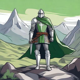 An illustration of a traveling knight wearing a green cape