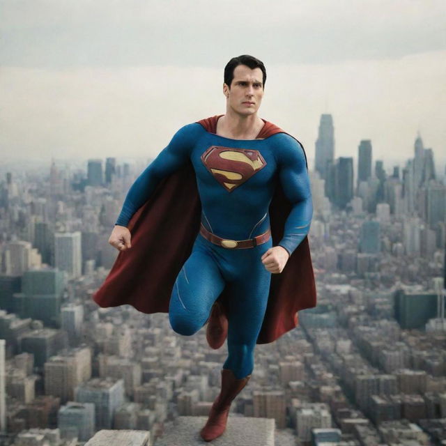 Superman in a dynamic flying pose with cityscape in the background, recalling the Superman Returns movie