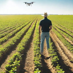 A drone pilot operating an agricultural drone over a vast field