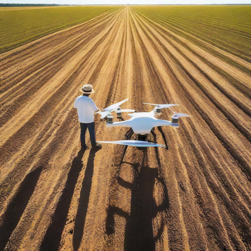 A drone pilot operating an agricultural drone over a vast field