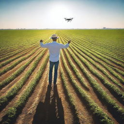 A drone pilot operating an agricultural drone over a vast field