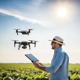 A drone pilot operating an agricultural drone over a vast field