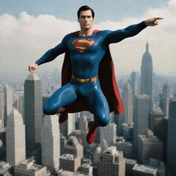 Superman in a dynamic flying pose with cityscape in the background, recalling the Superman Returns movie