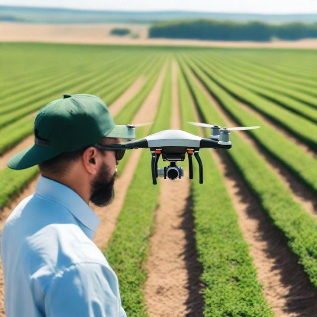 A skilled agricultural drone pilot operating a drone over a lush, green farm