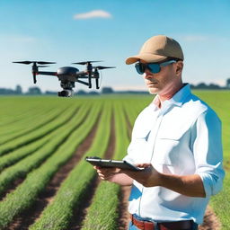 A skilled agricultural drone pilot operating a drone over a lush, green farm