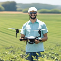 A skilled agricultural drone pilot operating a drone over a lush, green farm