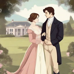 A beautiful illustration inspired by the novel Pride and Prejudice, featuring Elizabeth Bennet and Mr