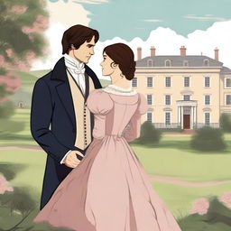 A beautiful illustration inspired by the novel Pride and Prejudice, featuring Elizabeth Bennet and Mr