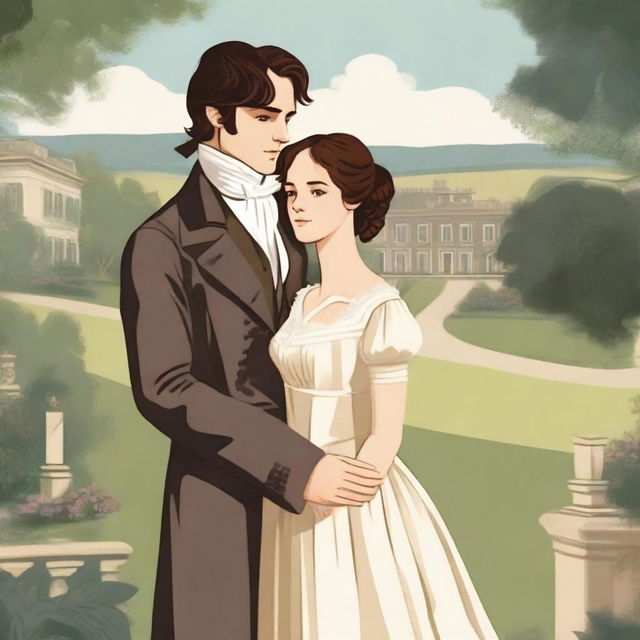 A beautiful illustration inspired by the novel Pride and Prejudice, featuring Elizabeth Bennet and Mr