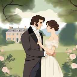 A beautiful illustration inspired by the novel Pride and Prejudice, featuring Elizabeth Bennet and Mr