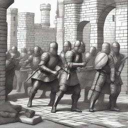 A black and white illustration of a group of medieval sappers