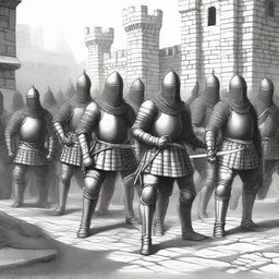 A black and white illustration of a group of medieval sappers