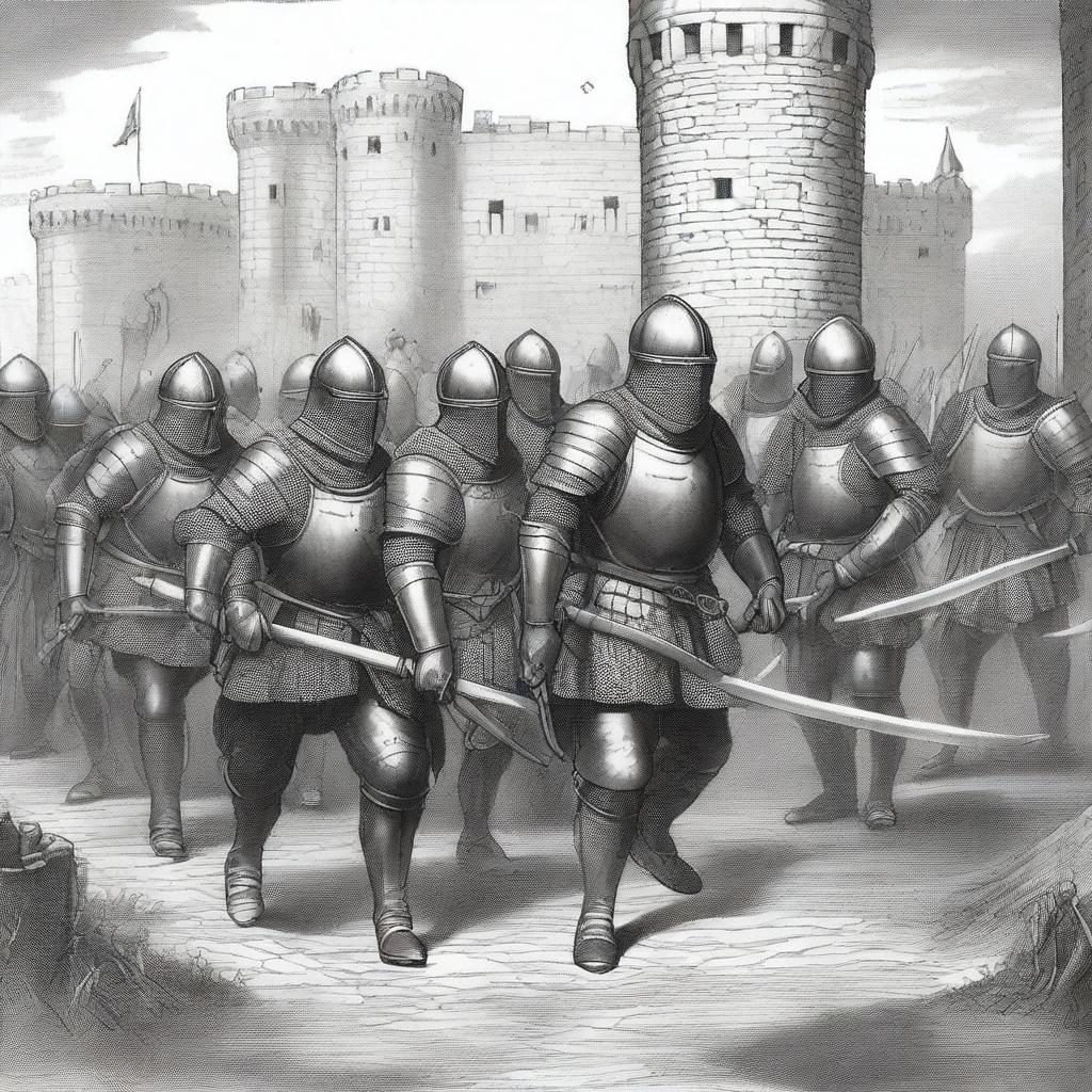 A black and white illustration of a group of medieval sappers